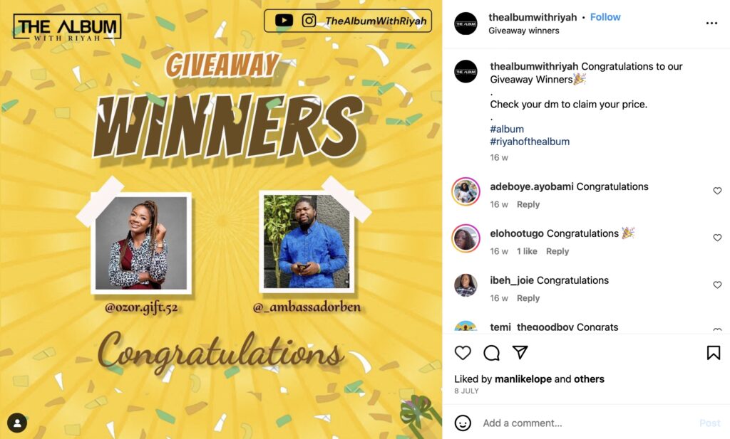 The Album with Riyah Giveaway Winners