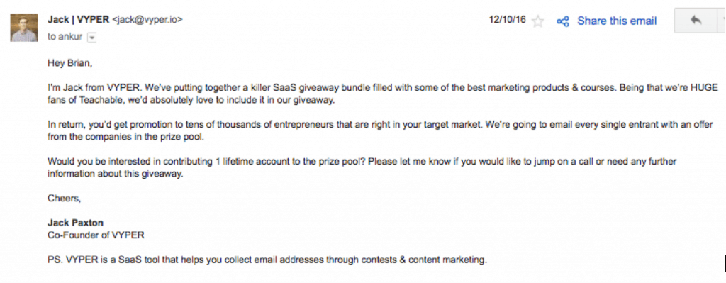 vyper cold email example